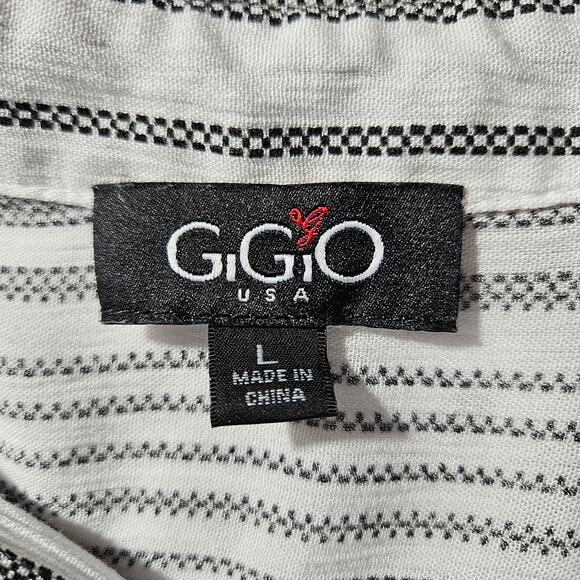 GIGIO USA Boho Hi-Lo Button Up Top Roll Tab Sleeves Sz. L Gray White Stripe - Picture 5 of 9